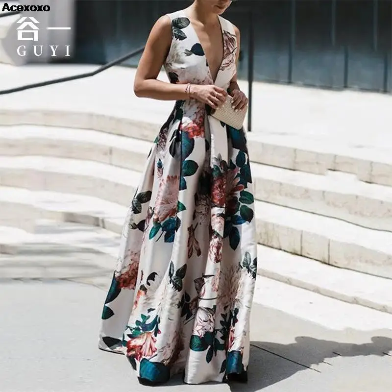 Summer new women's fashion casual V-neck print sleeveless waist slim-fit dress 
Summer new women's fashion casual V-neck print sleeveless waist slim-fit dress