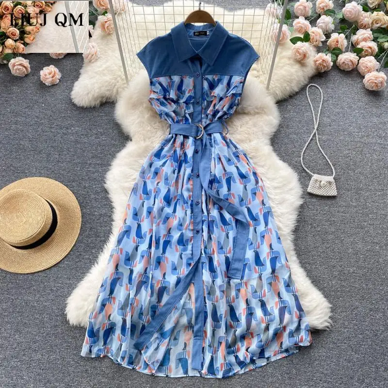 Женское джинсовое платье-майка без рукавов, Элегантное Длинное платье из шифона с отложным воротником и винтажным принтом вечерние Лето 2022 
Женское джинсовое платье-майка без рукавов, Элегантное Длинное платье из шифона с отложным воротником и винтажным принтом вечерние Лето 2022