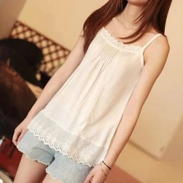 

Summer Cotton Mori Female Sweet Little Fresh Pleated Loose and Thin Hollow Lace Hem Hook Lace Base Sling