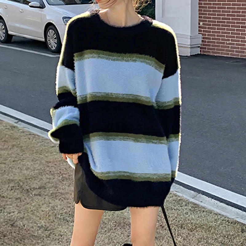 Lazystylecolormatchingautumnandwinternewstyleneedleimitation mink velvet striped round neck pullover sweater for women's warmth
Lazystylecolormatchingautumnandwinternewstyleneedleimitation mink velvet striped round neck pullover sweater for women's warmth