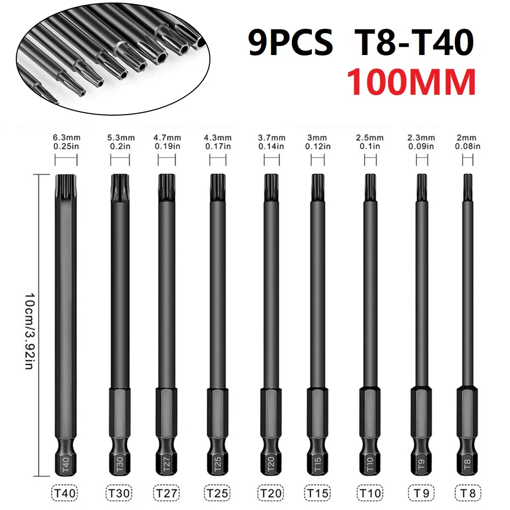 9pcs 1/4 Inch Torx Hex Head Wrench Drill Bit 100mm S2 Steel Screwdriver Bits With Hole For Electric Drills
9pcs 1/4 Inch Torx Hex Head Wrench Drill Bit 100mm S2 Steel Screwdriver Bits With Hole For Electric Drills