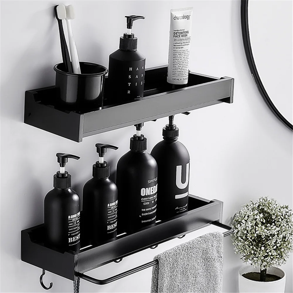 

Bathroom Shelf Shower Storage Rack Holder With Towel Rod Shampoo Tray Stand No Drilling Floating Shelf Organizer полка для ванно