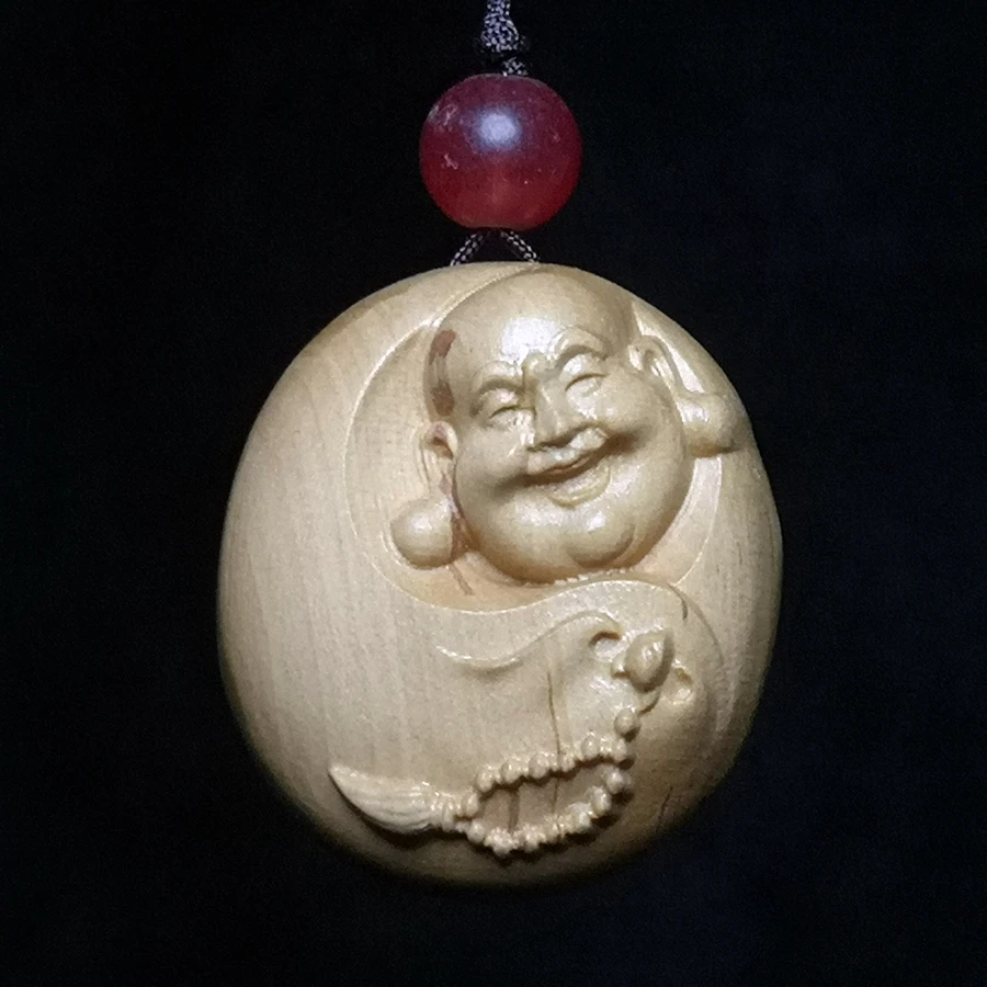

YIZHU CULTUER ART Chinese boxwood Hand carved Happy Maitreya Buddha Statue Amulet Haversack necklace netsuke decorated Gift