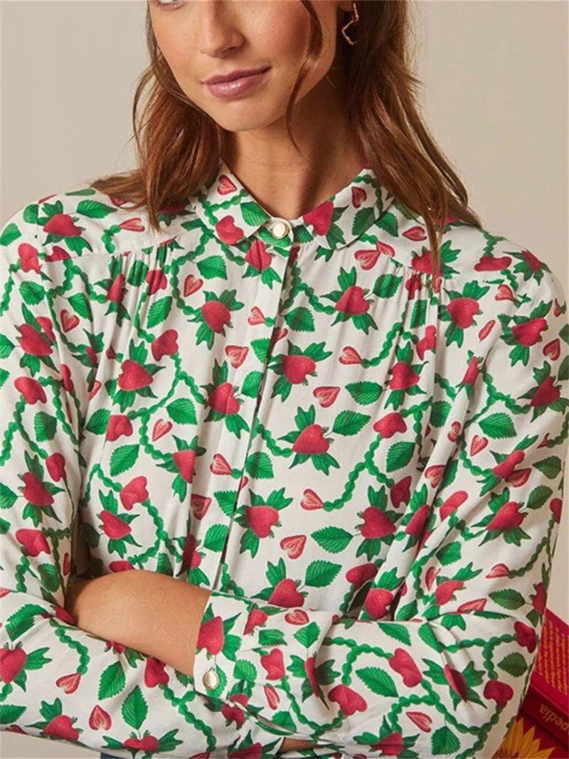 Women's Green Vine Strawberry Print Shirt 2023 Autumn New Long Sleeve Blouse Ladies Single Breasted Fashion Top
Women's Green Vine Strawberry Print Shirt 2023 Autumn New Long Sleeve Blouse Ladies Single Breasted Fashion Top