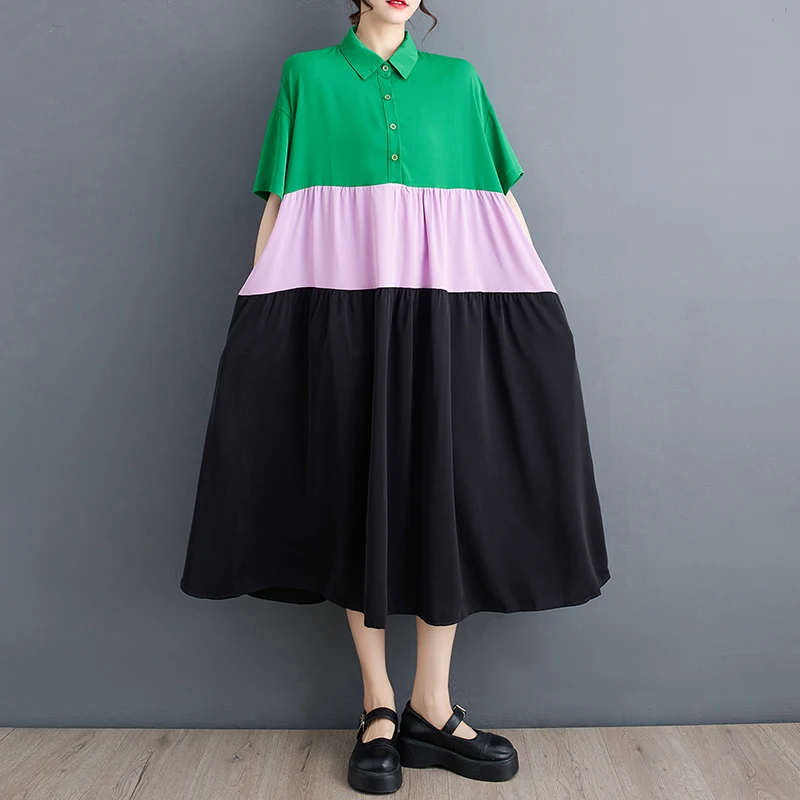 2023 New Arrival Patchwork Short Sleeve Turn-down Collar Chic Girl Summer Blouse Dress Office Lady Work Dress Women Casual Dress 
2023 New Arrival Patchwork Short Sleeve Turn-down Collar Chic Girl Summer Blouse Dress Office Lady Work Dress Women Casual Dress