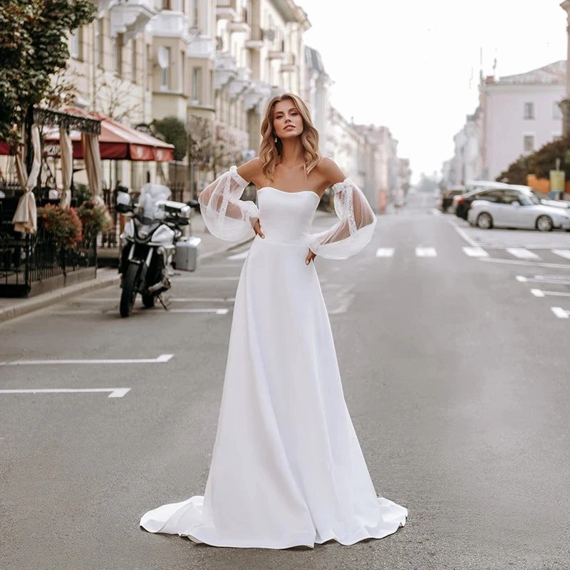 Modern Sweetheart Wedding Dress 2022 Long Puff Sleeves Tulle Backless A Line Satin Sweep Train Bridal Gown Vestidos De Novia
Modern Sweetheart Wedding Dress 2022 Long Puff Sleeves Tulle Backless A Line Satin Sweep Train Bridal Gown Vestidos De Novia