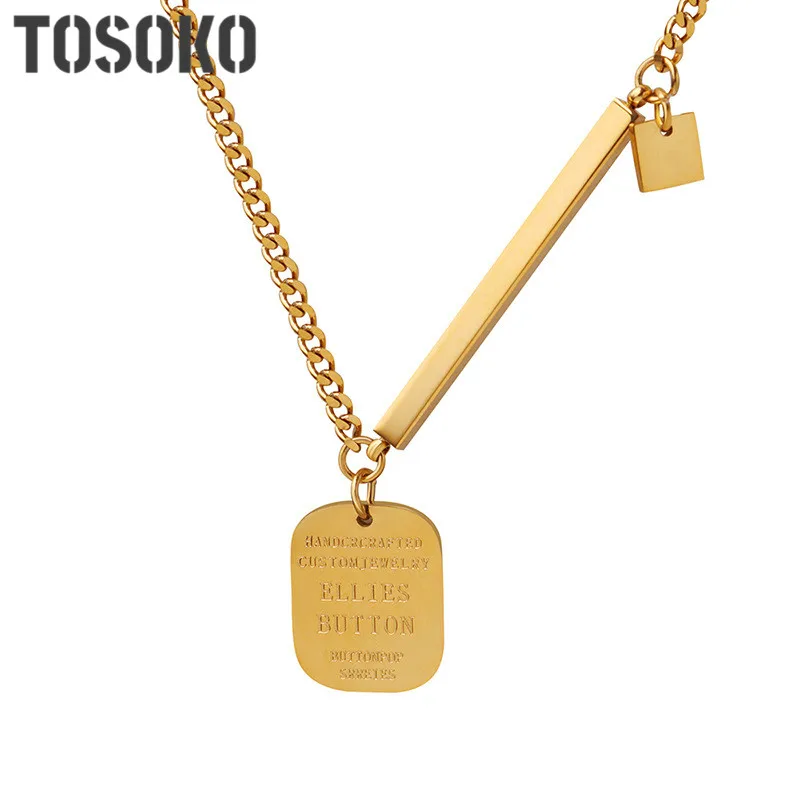 

TOSOKO Stainless Steel Jewelry Engraved Square Sign Letter Splicing Metal Chain Necklace Women's Fashion Clavicle Chain BSP290