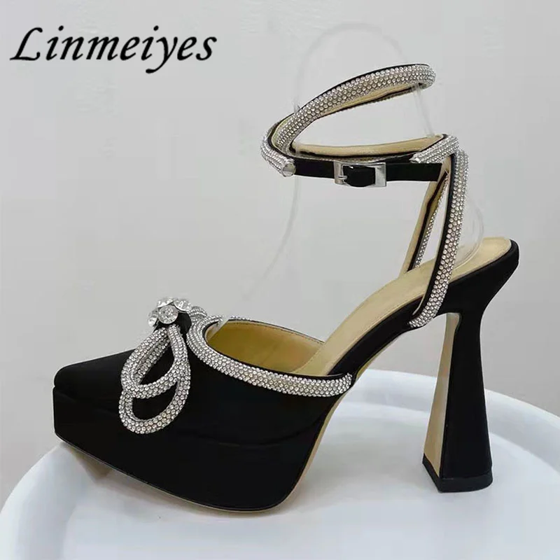 

Summer Platform Super High Heels Shoes Women Satin Pointy Toe Ankles Buckle Strap Runway Crystal Shoes Woman Sexy Pumps Women