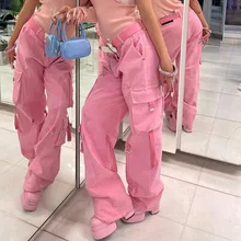 HOUZHOU Vintage Pink Cargo Pants Women Y2K Cargo Trousers Female Streerwear Hip Hop Pockets Harajuku Casual Retro Ribbon