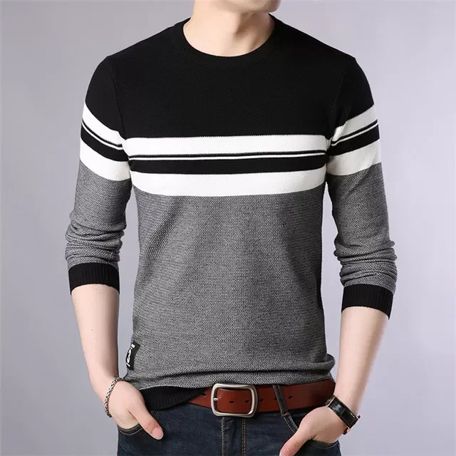 

NEW IN Mens Pullover Autumn Wool Slim Fit Knitted Sweater O-Neck Striped Mens Brand Clothing Casual Pull Homme SA688