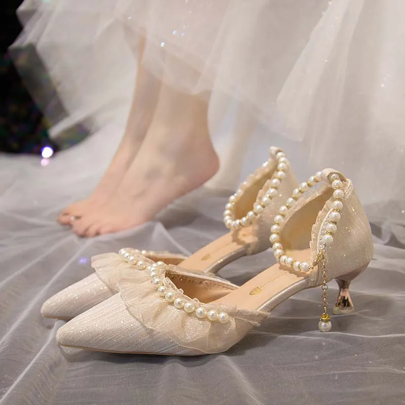 

Туфли женские на высоком каблуке, босоножки, удобная Свадебная обувь, низкий заостренный носок, высокий каблук-шпилька, жемчуг, бежевые, лето 2023
