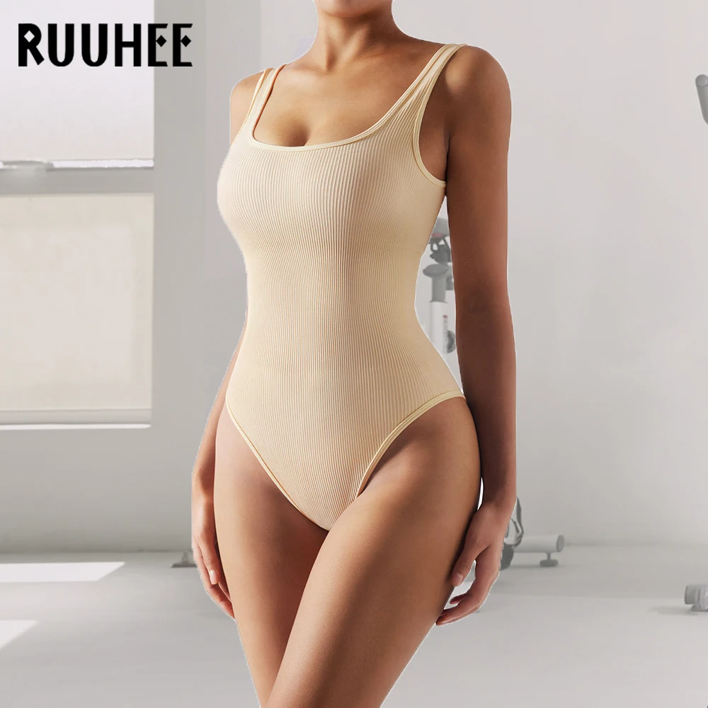 

RUUHEE цельный Комплект для йоги, боди для женщин, бесшовный, контроль живота, фитнес, тренировочный комбинезон, спортивный костюм без рукавов, ребристая спортивная одежда