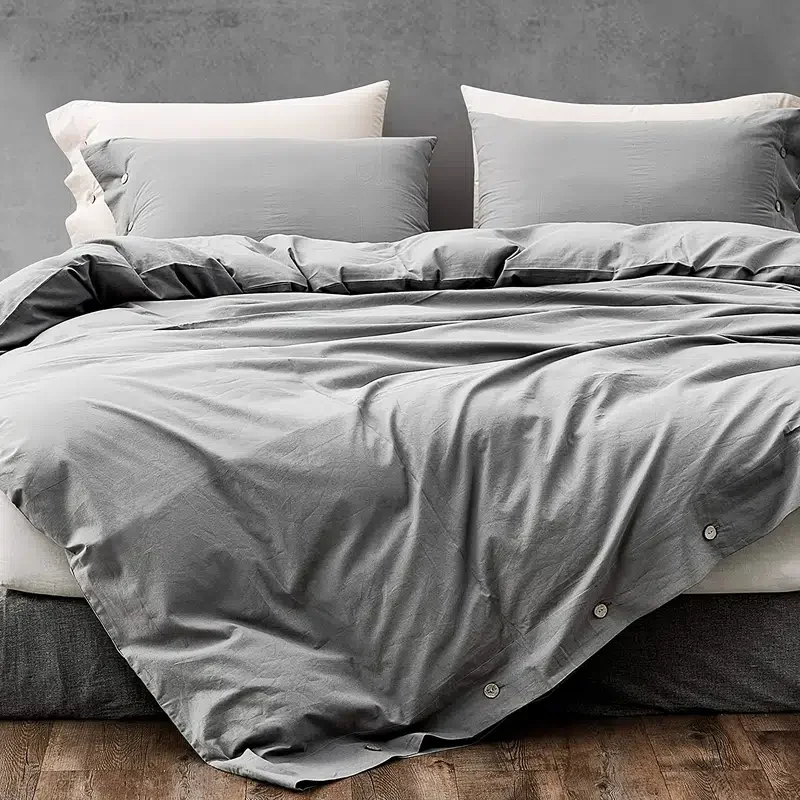 

3pcs Grey Washed Cotton Linen Like Textured Duvet Cover Set, Luxury Soft Bedding Set With Buttons Closure, Solid Color Duvet Cov