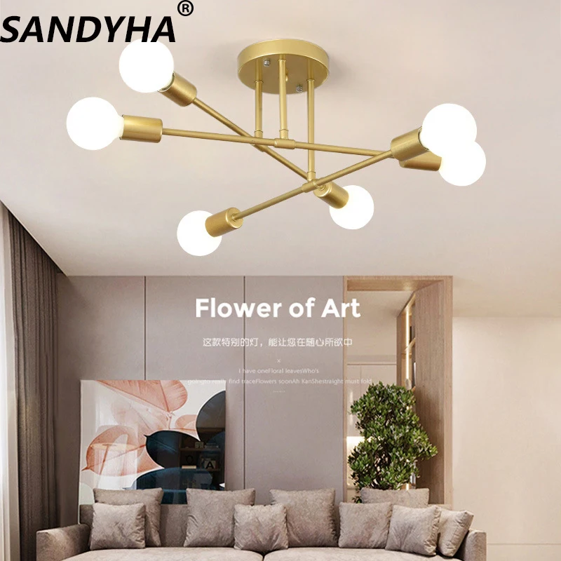 

Современные минималистичные светодиодные потолочные светильники SANDYHA, железные художественные золотистые черные люстры, лампы для домашнего декора для спальни, гостиной