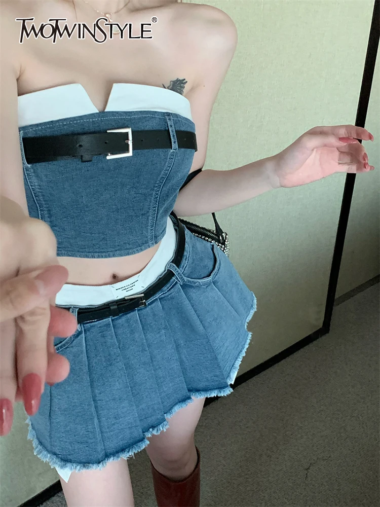 TWOTWINSTYLE Denim Two Piece Sets For Women Strapless Spliced Belt Tops High Waist Pleasted A Line Skirt Summer Set Female 2023 
TWOTWINSTYLE Denim Two Piece Sets For Women Strapless Spliced Belt Tops High Waist Pleasted A Line Skirt Summer Set Female 2023