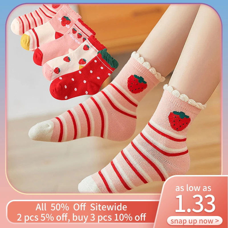 

5Pairs/Lot Cartoon Children Mid Tube Socks Girls Autumn Winter Keep Warm Cotton Floor Sock Kids Sport Sokken Strawberry Sox 3-8Y