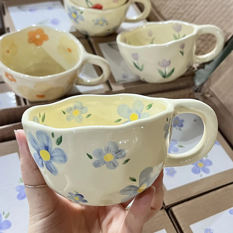 

Ceramic Mugs Coffee Cups Ins Korean Style Drinkware Oatmeal Breakfast Mug Hand Pinched Irregular Flower Milk Tea Cup Kitchen