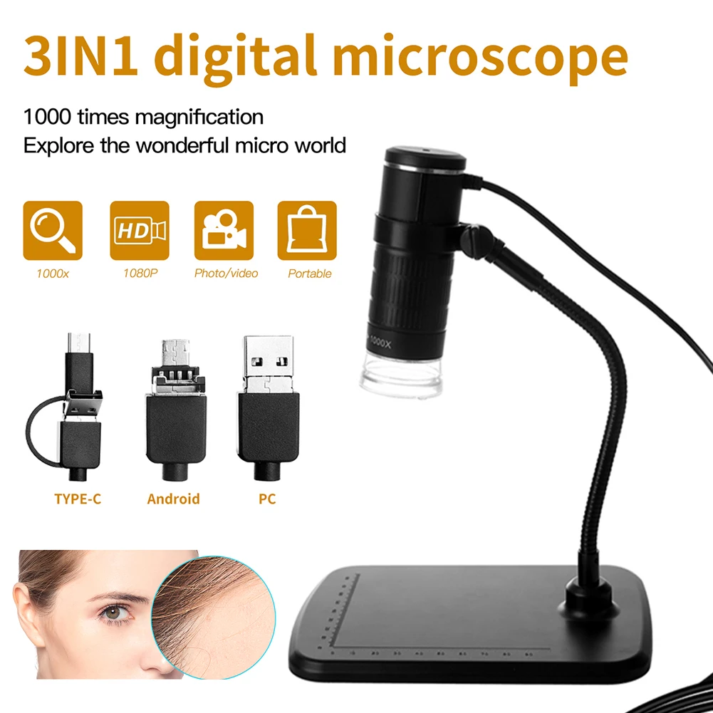 3 In 1 Wireless Digital Microscope 1000X USB Portable Electronic Microscope HD Camera LED Light For Cell Phone PC Detection
3 In 1 Wireless Digital Microscope 1000X USB Portable Electronic Microscope HD Camera LED Light For Cell Phone PC Detection