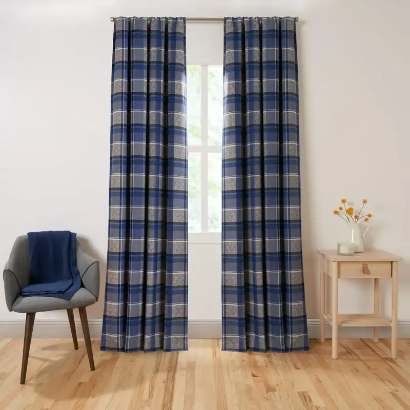 

Lined Brushed Organic Cotton Rod Pocket Heathered Room Darkening Window Curtain Pair Gray/Navy 84