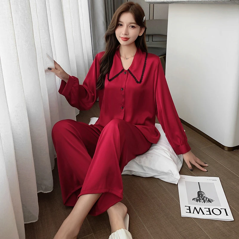 XIKUO New Style Pajamas Women's Spring and Summer Thin Section Long-sleeved Two-piece Suit Emulation Silk Ladies Home Service
XIKUO New Style Pajamas Women's Spring and Summer Thin Section Long-sleeved Two-piece Suit Emulation Silk Ladies Home Service