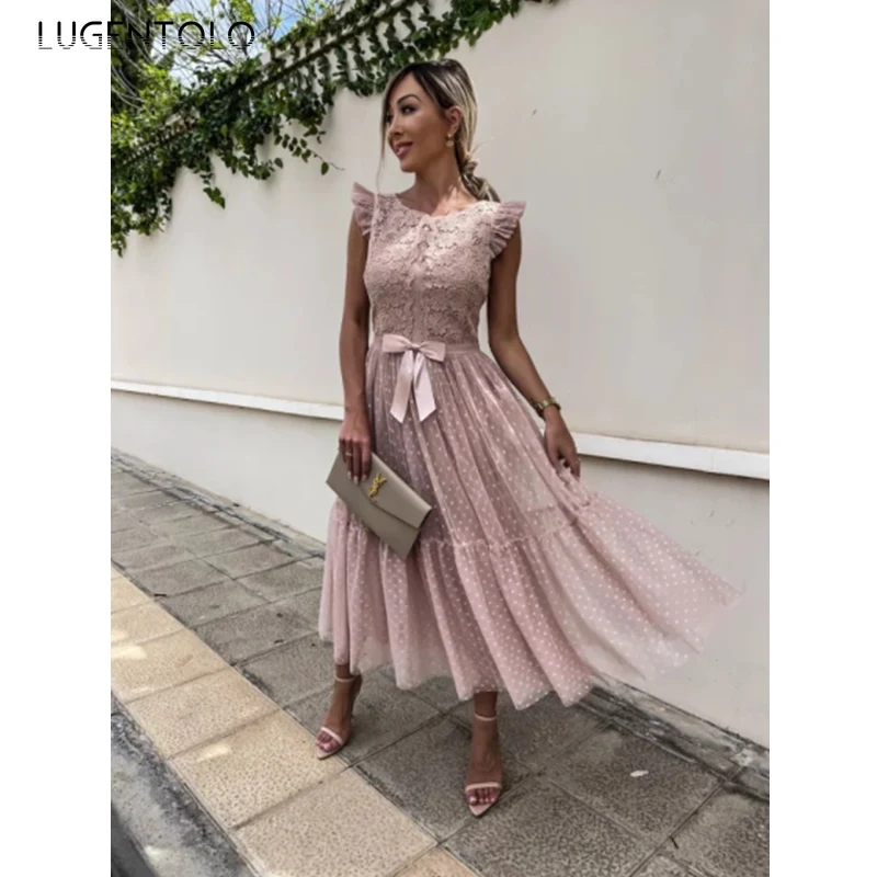 Women Fashion Lace Dress Lace Mesh Panel Fly-sleeve Solid Lady Eleagnt Bow Slim Summer Party Big Swing Round Neck Long Dress 
Women Fashion Lace Dress Lace Mesh Panel Fly-sleeve Solid Lady Eleagnt Bow Slim Summer Party Big Swing Round Neck Long Dress