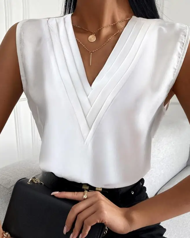 

Top Women 2023 Summer Fashion Office Ruched Front V-Neck Sleeveless Top Casual Tee Women's T-Shirt Basics Pullover New Bloues