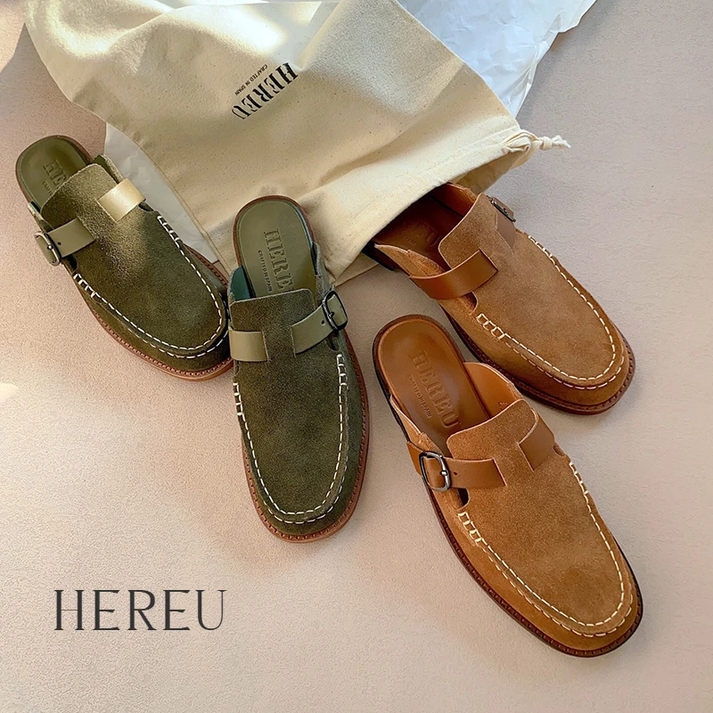 

Hereu Casual Shoes Retro Authentic Leather Low Heel Mules Shoes Comfortable French Style Closed-Toe Slippers Women's Outer Wear