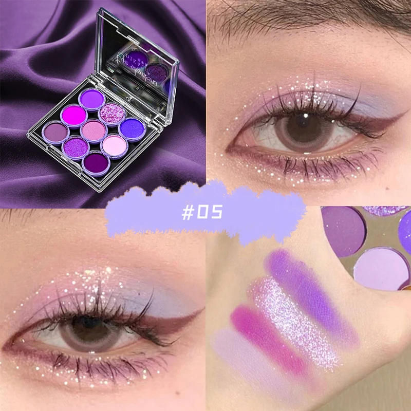 

DIKALU 9 Colors Makeup Party Eyeshadow Pallete Shiny Purple Eye Shadow Brown Shimmer Glitter Matte Shades Neon Pigments