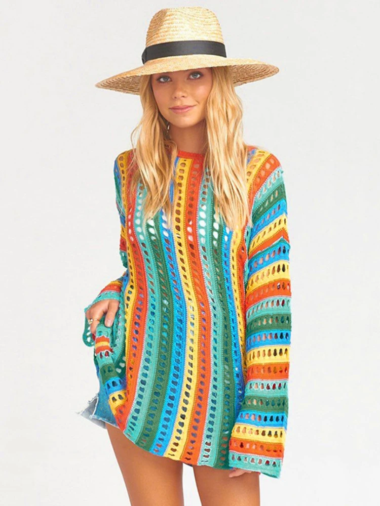 Rainbow Striped Beach Tunic Knitted Crochet Top Summer Long Sleeve O Neck Fashion Bikini Cover Up Beachwear Summer Swimsuit
Rainbow Striped Beach Tunic Knitted Crochet Top Summer Long Sleeve O Neck Fashion Bikini Cover Up Beachwear Summer Swimsuit