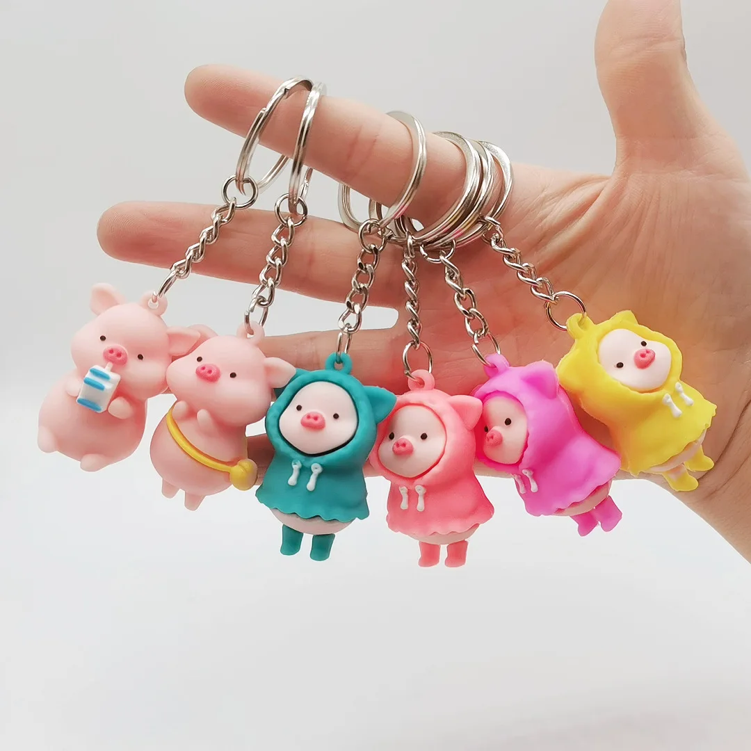 

1pcs Cartoon Cute Raincoat Milk Piglet Doll Three-Dimensional Keychain Pvc Soft Rubber Pendant Keyring Doll Bag Pendant Gift