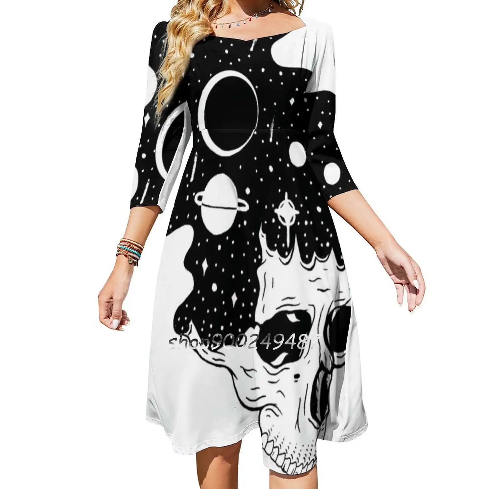 

Space Brains Sweetheart Knot Flared Dress Fashion Design Large Size Loose Dress Galaxy Space Moon Stars Skull Skeleton