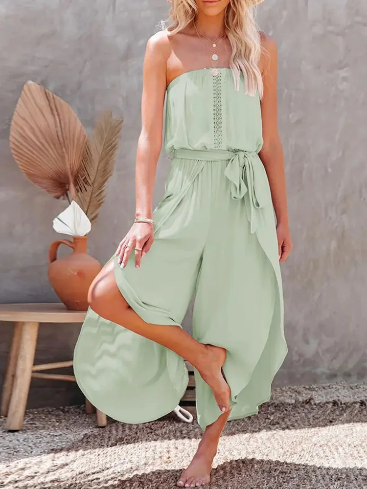 

Flowy Bandeau Lace Patch Slit Wide Leg Jumpsuit Women Strapless Belted Rompers Summer One Piece Outfits