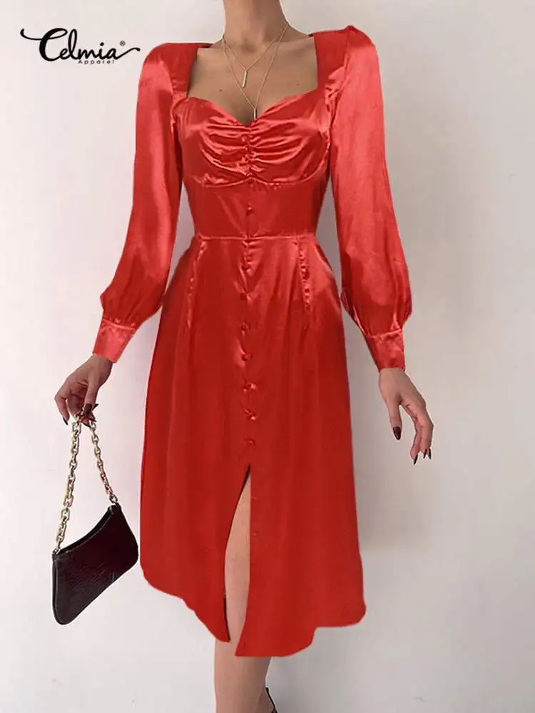 Celmia Fashion Shirred Dresses Women Hem Slit Party Long Vestidos Casual atin Square Collar Midi Dress Long Sleeve Elegant Robe
Celmia Fashion Shirred Dresses Women Hem Slit Party Long Vestidos Casual atin Square Collar Midi Dress Long Sleeve Elegant Robe