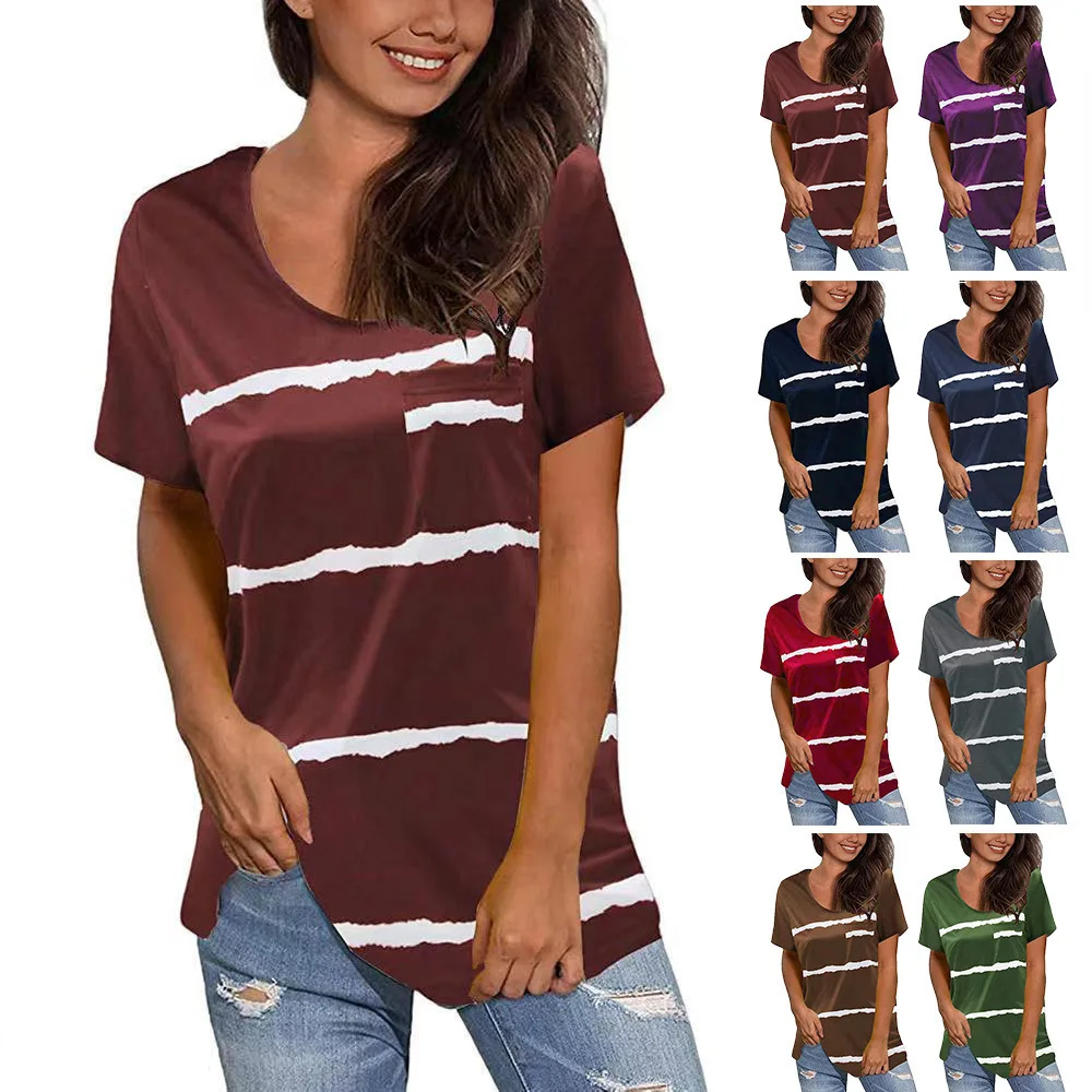 2022 Summer New Women'S Clothing Striped Print With Pockets Round Neck Fashion Short-Sleeved T-Shirt Ladies Loose Top
2022 Summer New Women'S Clothing Striped Print With Pockets Round Neck Fashion Short-Sleeved T-Shirt Ladies Loose Top