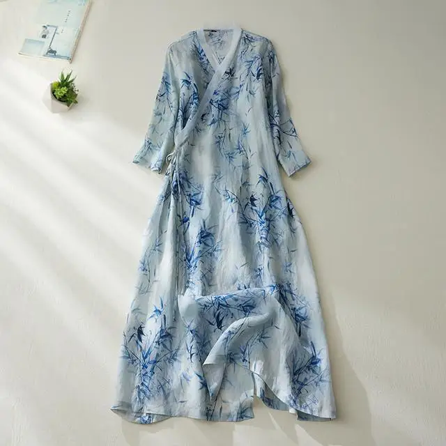 

2023 китайское хлопковое и льняное улучшенное платье Ципао с принтом летнее свободное платье Ципао со шнуровкой на талии, стильное платье средней длины