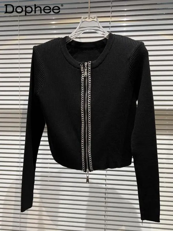 2022 Autumn New Arrivals Long Sleeve Round Neck Metal Chain Zippers Slim Sweater Women Knitting Cardigan
2022 Autumn New Arrivals Long Sleeve Round Neck Metal Chain Zippers Slim Sweater Women Knitting Cardigan