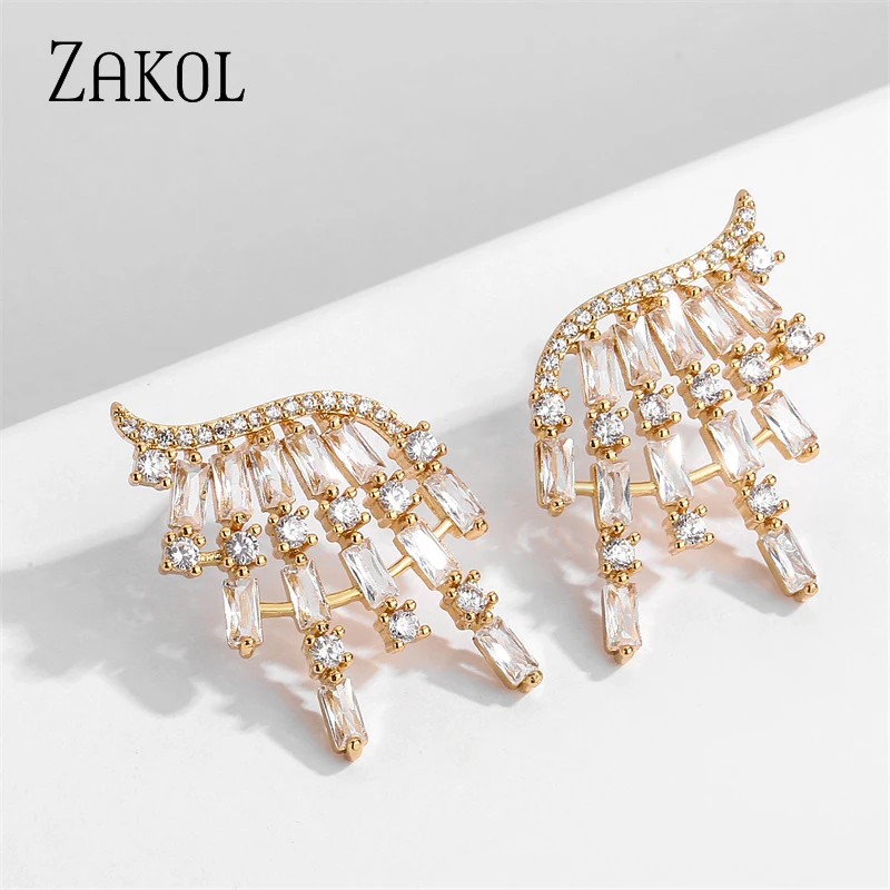 

ZAKOL Luxury AAA Cubic Zirconia Geometric Rectangle Wing Shape Stud Earrings for Women Girls Gold Color Wedding Party Jewelry