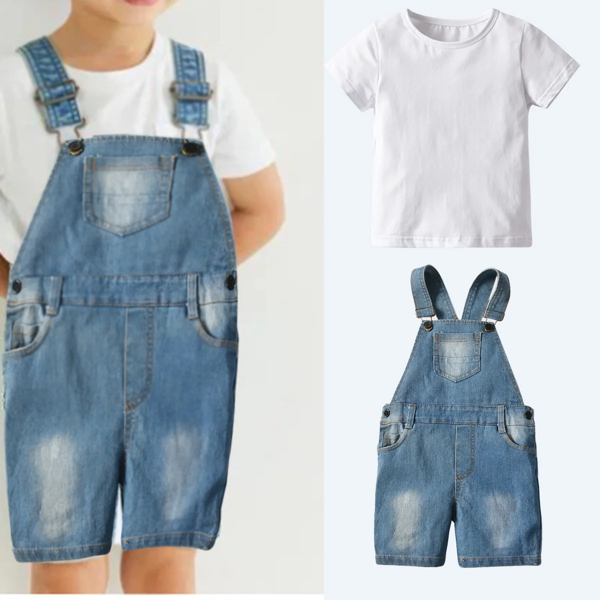 2022 Summer New Boys' Short Sleeved White T-shirt Denim Suspenders Children's Korean Letter Jeans Trendkids Clothing Sets
2022 Summer New Boys' Short Sleeved White T-shirt Denim Suspenders Children's Korean Letter Jeans Trendkids Clothing Sets