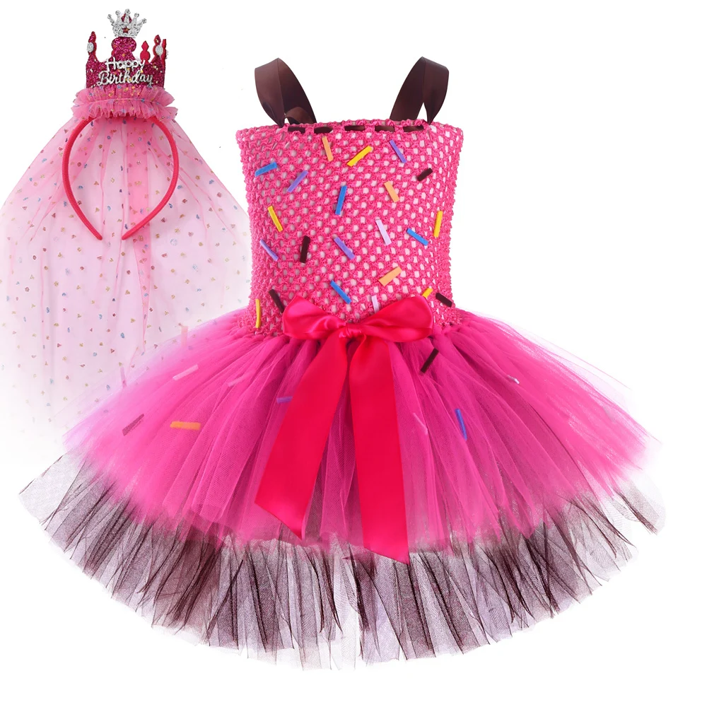 

Hot Pink Brown Birthday Costumes for Baby Girls Candy Layered Dresses Kids Girl Cake Tutu Outfit Toddler Photoshoot Clothes Gift