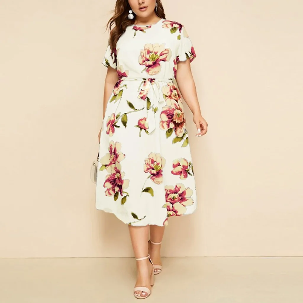 Women's Casual O-Neck Short Sleeve Print Waist Strap Dress Casual Dresses for Summer
Women's Casual O-Neck Short Sleeve Print Waist Strap Dress Casual Dresses for Summer