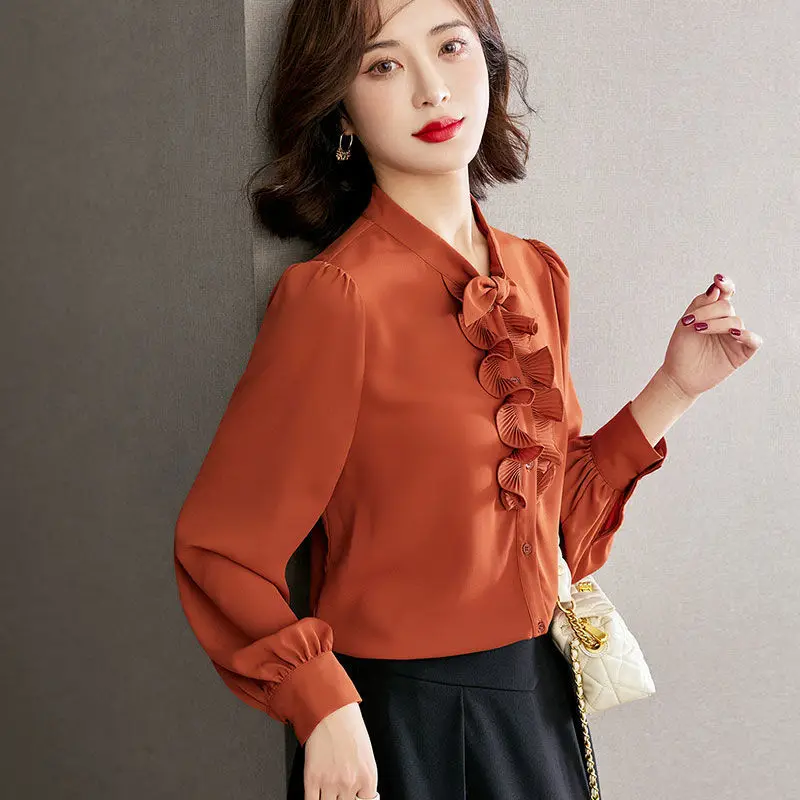 Женская шифоновая блузка с длинным рукавом, свободная универсальная рубашка с длинным рукавом, модель X18, весна-лето 2022 
Женская шифоновая блузка с длинным рукавом, свободная универсальная рубашка с длинным рукавом, модель X18, весна-лето 2022