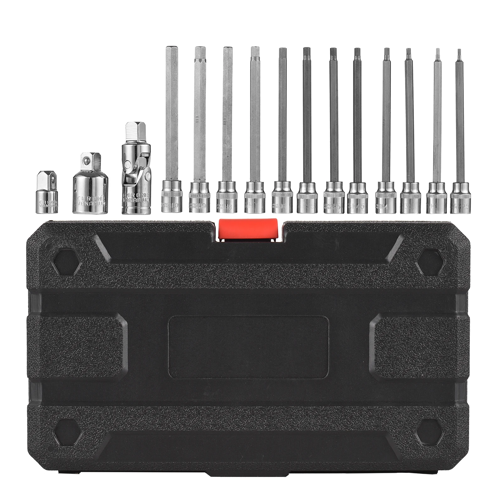 13PCS 3/8” Drive Metric Extra Long Allen Hex Bit Socket Set Heavy Duty Cr-V Sockets, Universal Joint , 1/2'' & 1/4'' adapter
13PCS 3/8” Drive Metric Extra Long Allen Hex Bit Socket Set Heavy Duty Cr-V Sockets, Universal Joint , 1/2'' & 1/4'' adapter