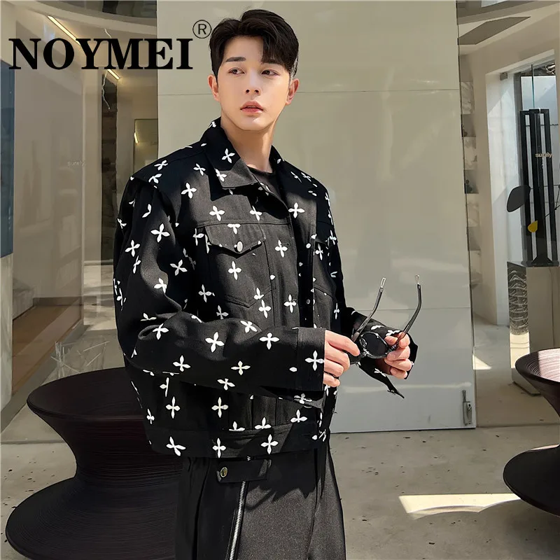 

NOYMEI Personality Single Breasted Stand Denim Washed Niche Causal Jacket Men Stand Collar Pattern Korean Spring Coat WA1363