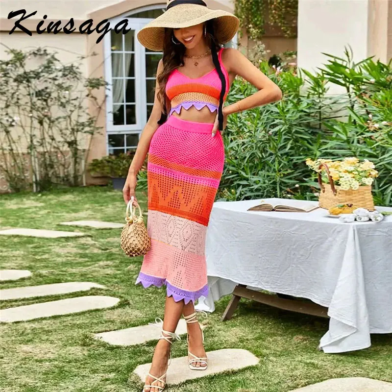Street Color Block Knitted Skirts 2 Piece Set Women Sexy V-neck Cropped Camisole+high Waist Bodycon Midi Skirt Suits Crochet Set 
Street Color Block Knitted Skirts 2 Piece Set Women Sexy V-neck Cropped Camisole+high Waist Bodycon Midi Skirt Suits Crochet Set