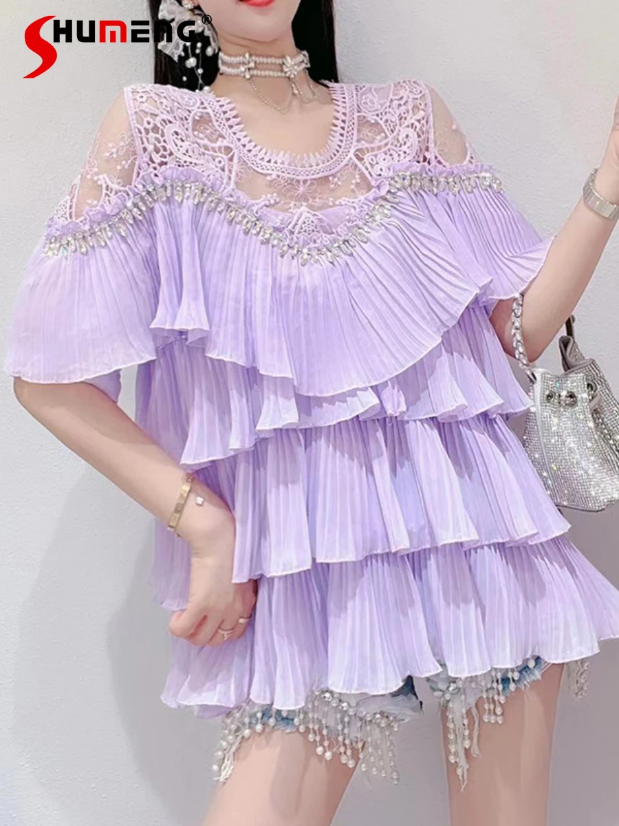 Women's Fashion Fairy Ruffled Short-Sleeved Shirt Female 2022 Summer New Korean Style Sweet Luxury Rhinestone Pleated Blusas Top
Women's Fashion Fairy Ruffled Short-Sleeved Shirt Female 2022 Summer New Korean Style Sweet Luxury Rhinestone Pleated Blusas Top