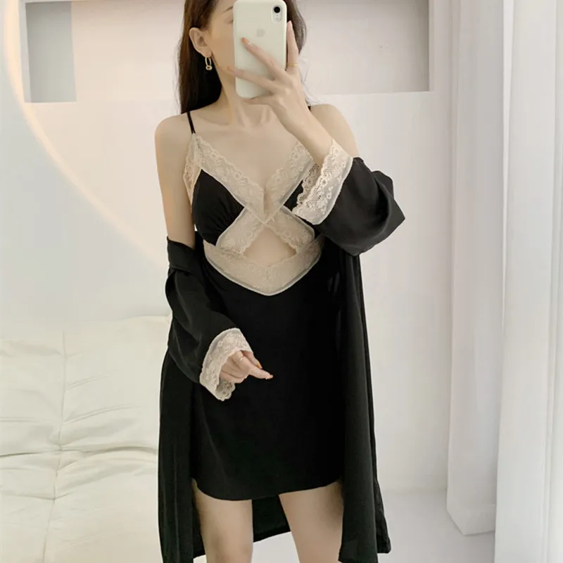 

Женский кружевной халат-кимоно, комплект из искусственного шелка, банная сорочка, летняя черная атласная ажурная ночная рубашка, одежда для сна, пижама