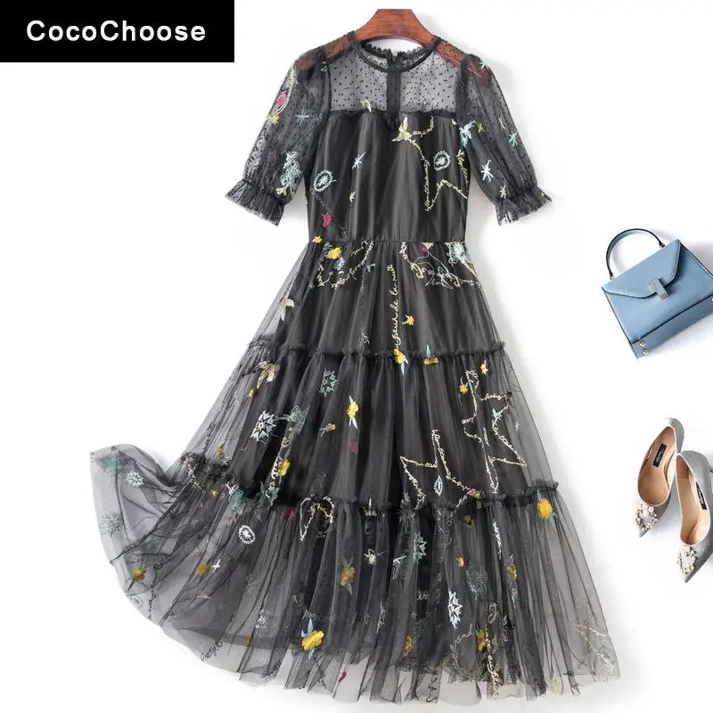 Designer Floral Embroidery Dress Summer 2022 Fashion Women Polka Dot Sheer Short Sleeve Ruffles Mesh Tulle Midi Dresses Black
Designer Floral Embroidery Dress Summer 2022 Fashion Women Polka Dot Sheer Short Sleeve Ruffles Mesh Tulle Midi Dresses Black