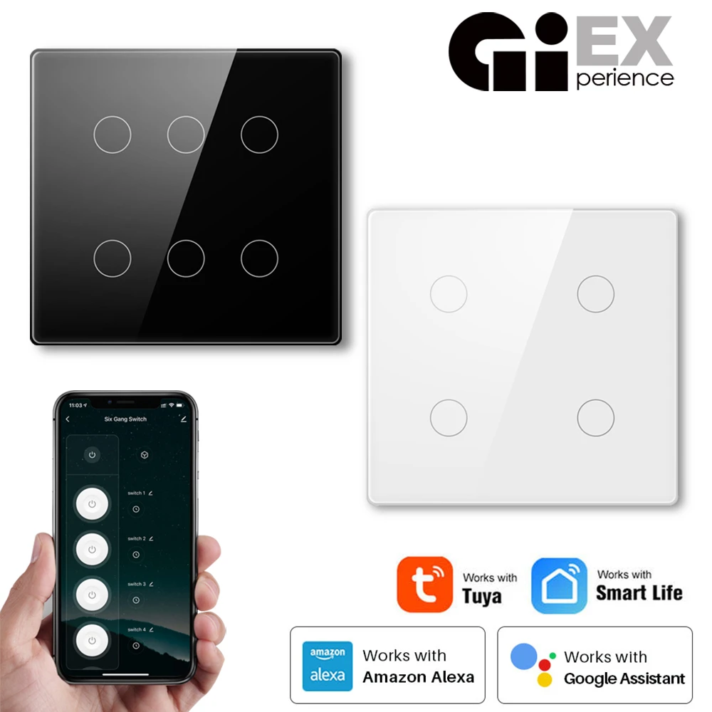 

Smart Wifi Touch Switch Brazil Neutral Wire Needed Smart Home 4/6 Gang Tuya App Control 4*4 Light Switch Support Alexa Google