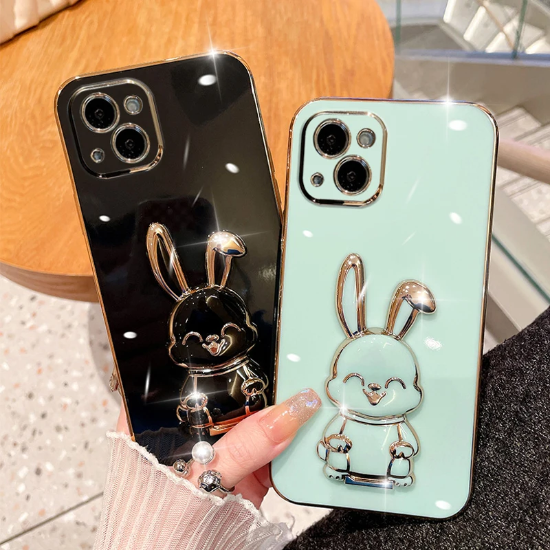 

Plating Rabbit Cartoon Stretch Stand Holder Phone Case For MOTO G52 G22 G60 E20 G30 G20 G10 G50 5G G8 Power Play G9 Plus Cover