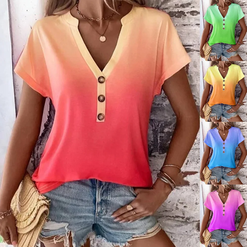 Women Fashion T-Shirt Gradient Printed Blouse Summer Short Sleeve Button Shirts Female Casual V-Neck Oversized Ladies Tops 
Women Fashion T-Shirt Gradient Printed Blouse Summer Short Sleeve Button Shirts Female Casual V-Neck Oversized Ladies Tops